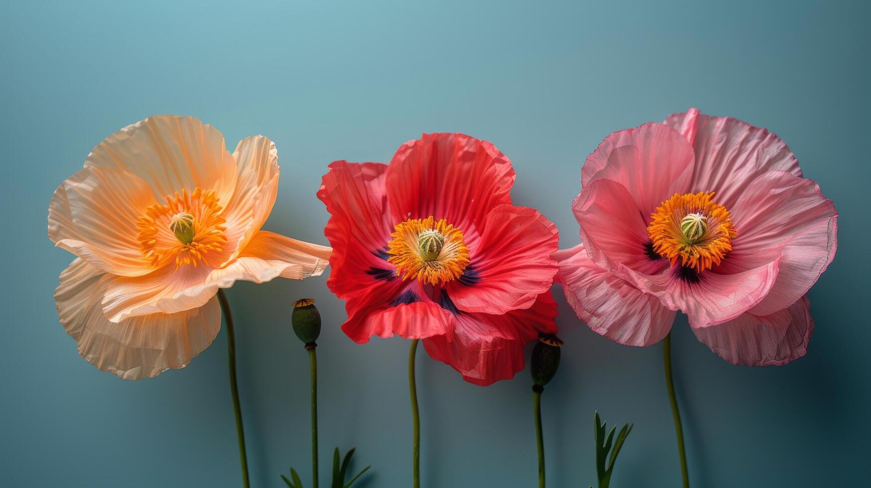 Vibrant pink and coral poppies lined against a soft blue background in a spring arrangement photo