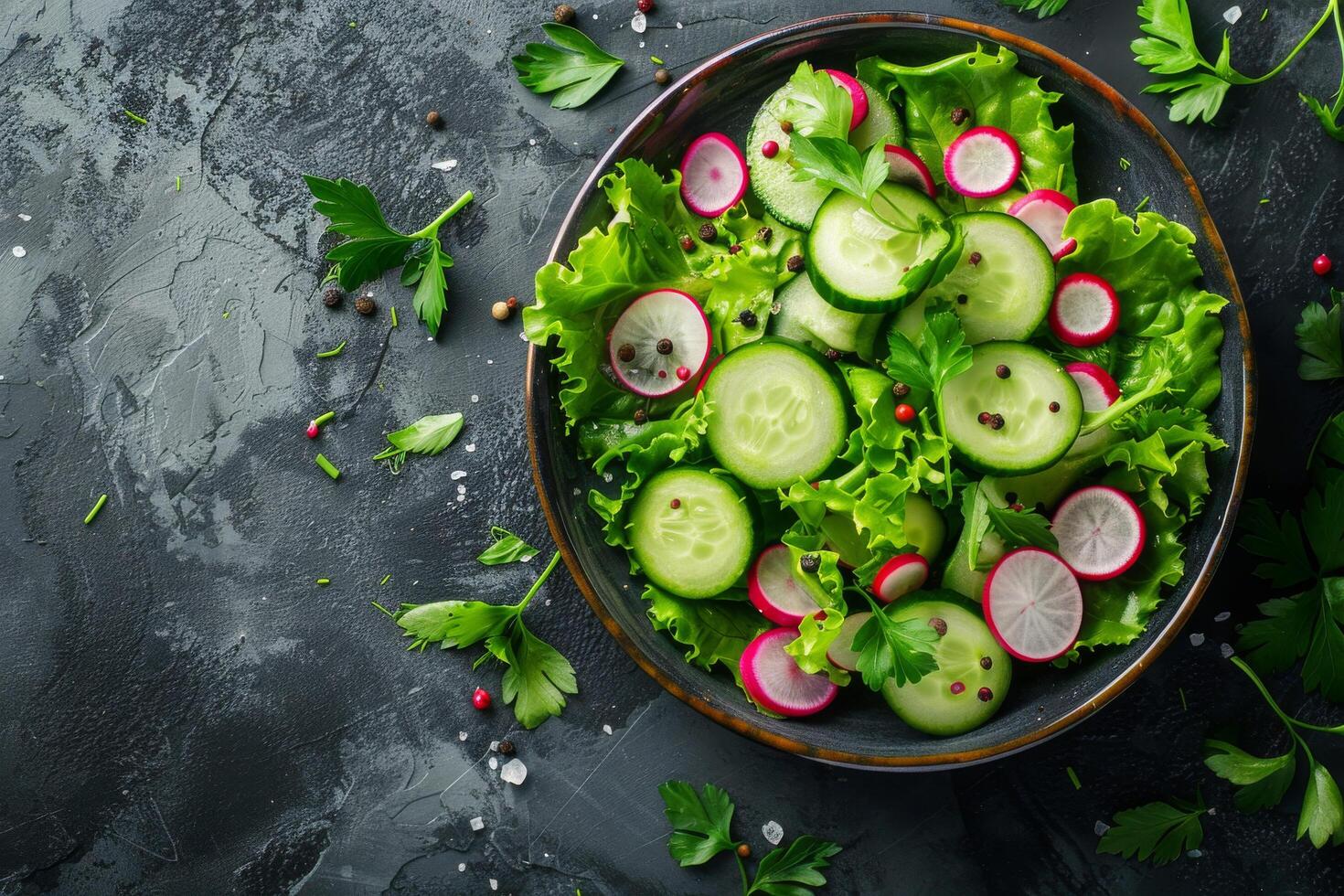 Fresh garden salad with cucumbers, radishes, and greens served in a rustic bowl on a dark tabletop photo