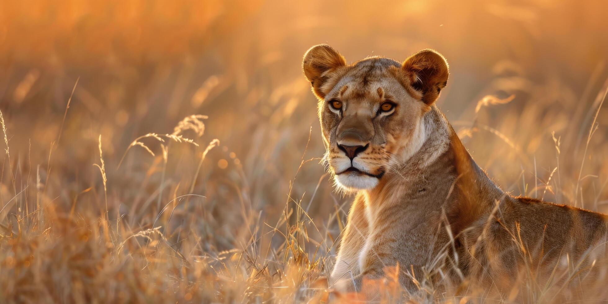 A mother lion embracing her cub during golden hour in the African savanna, showcasing their bond photo
