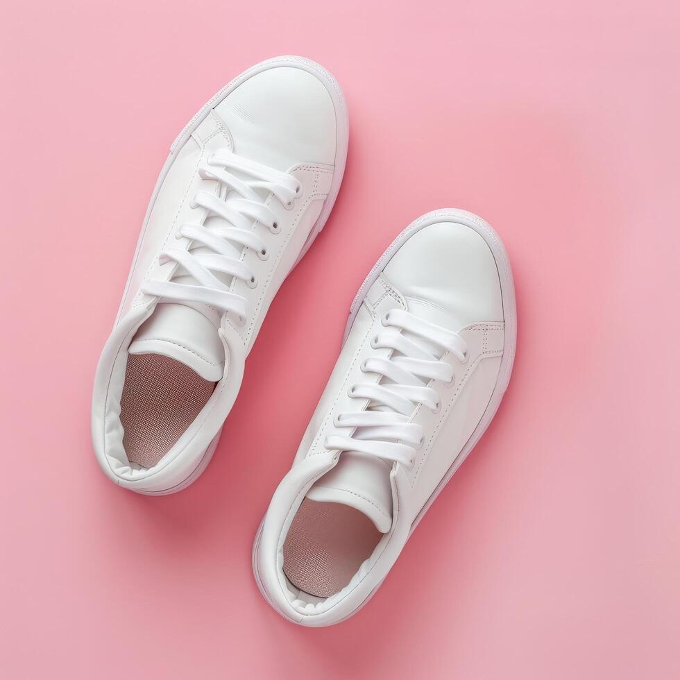 Stylish white sneakers on a pink background with shoelaces untied and a loose elastic band photo