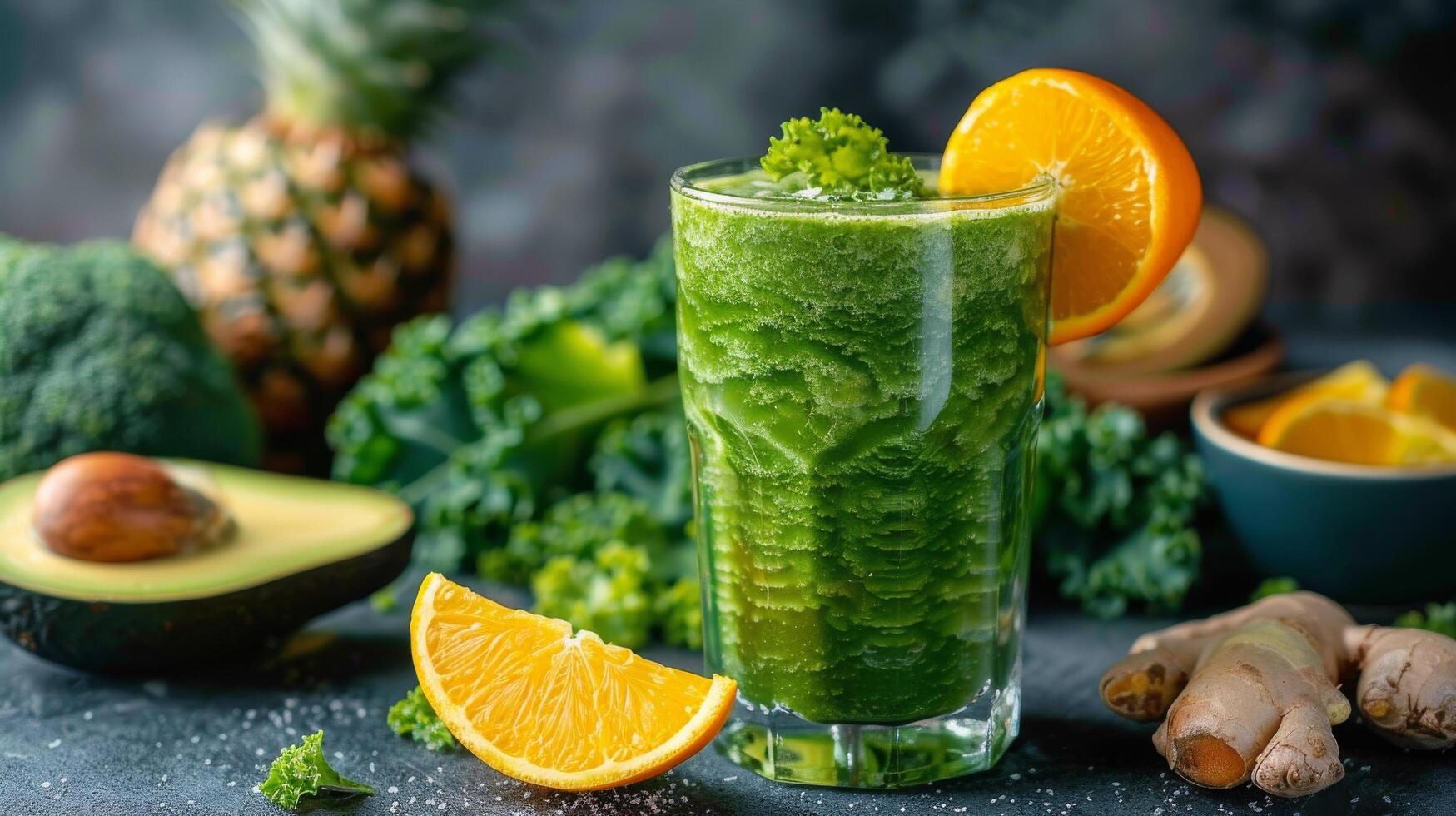 Refreshing green smoothie with healthy ingredients including kale, orange, and avocado photo