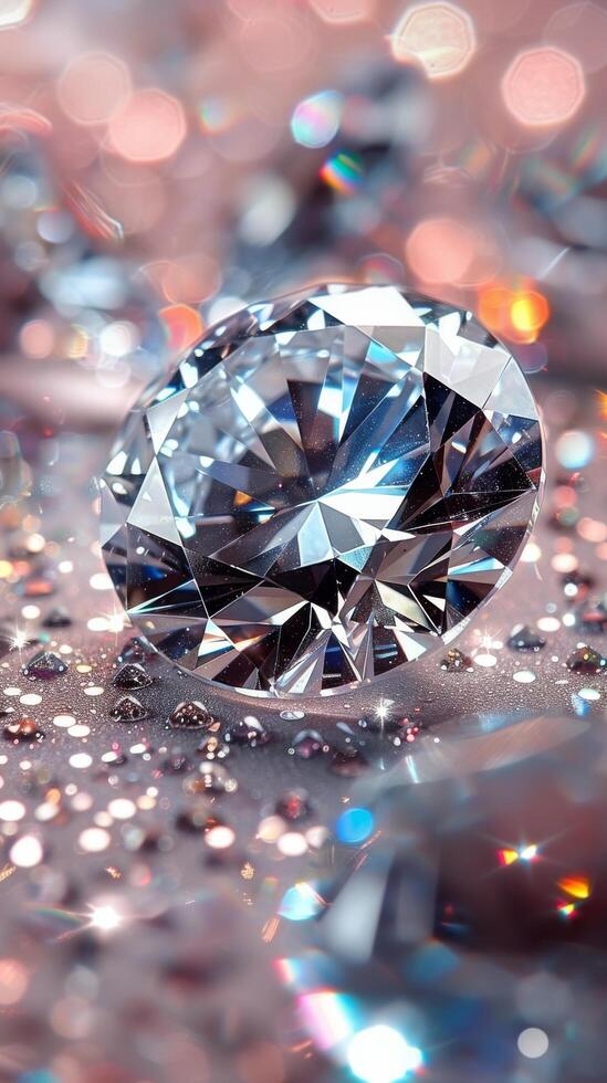 A dazzling diamond rests amid shimmering gems on a soft backdrop in bright lighting photo