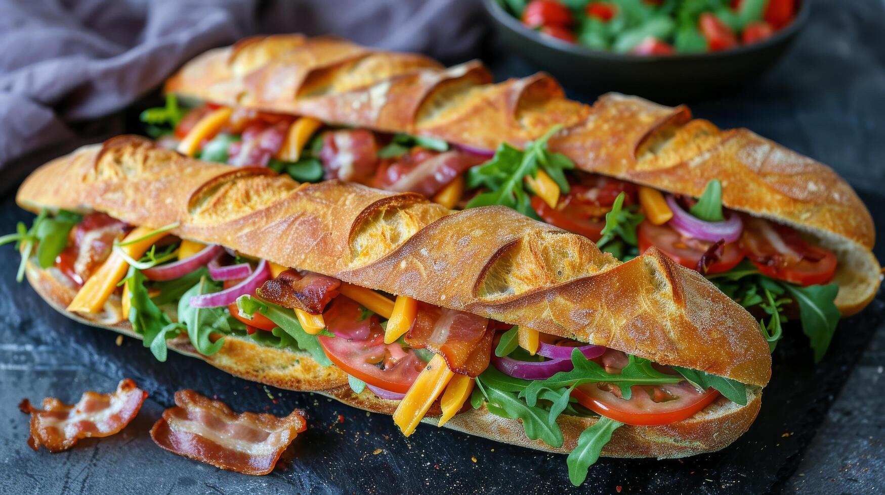 Delicious freshly made baguette sandwiches filled with bacon, vegetables, and greens on a platter photo