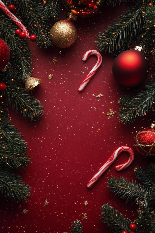 Christmas decorations with ornaments, pinecones, and candy canes on a rich red background photo