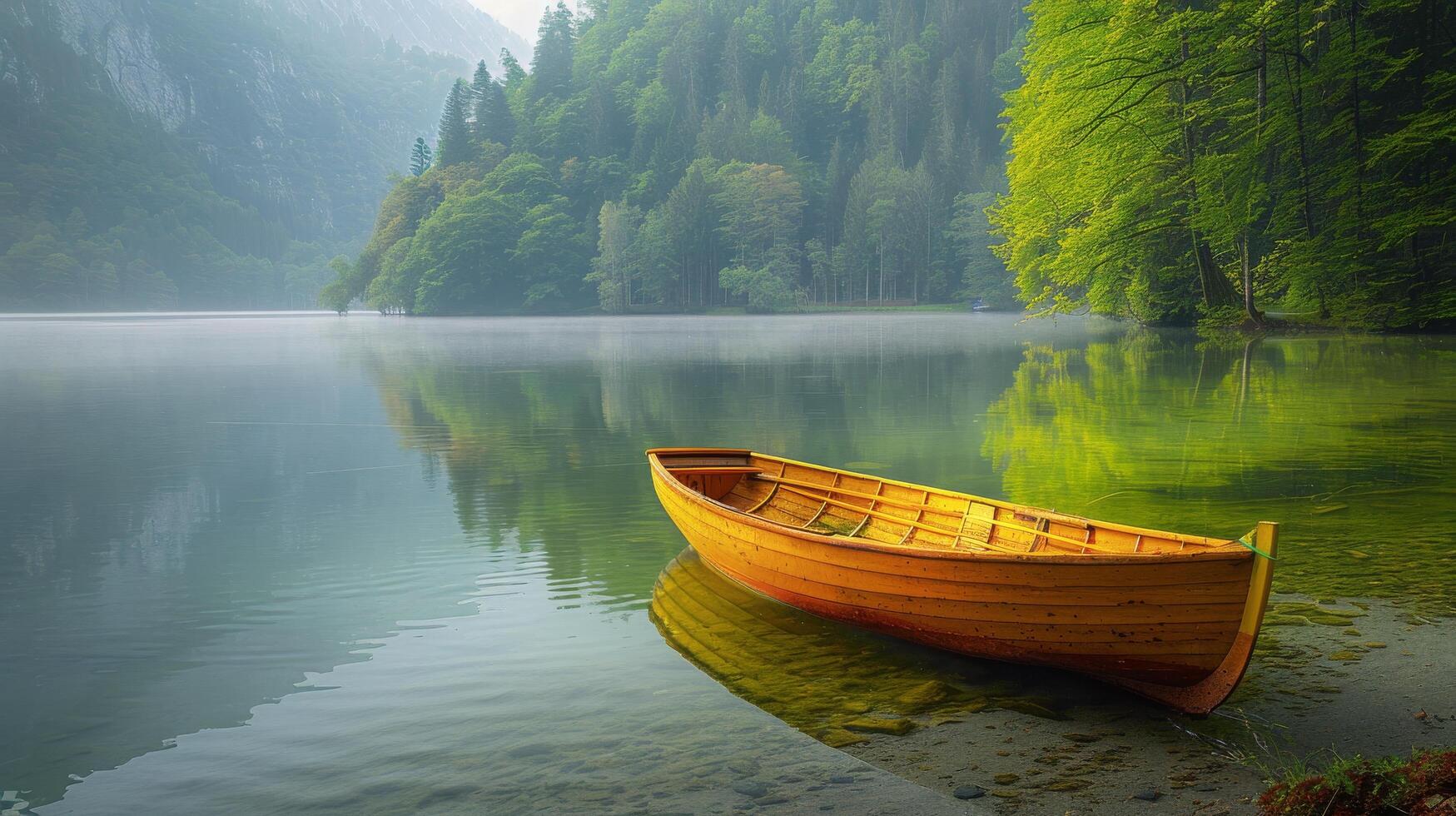 A tranquil yellow boat floats on a misty lake surrounded by lush green forest at dawn photo