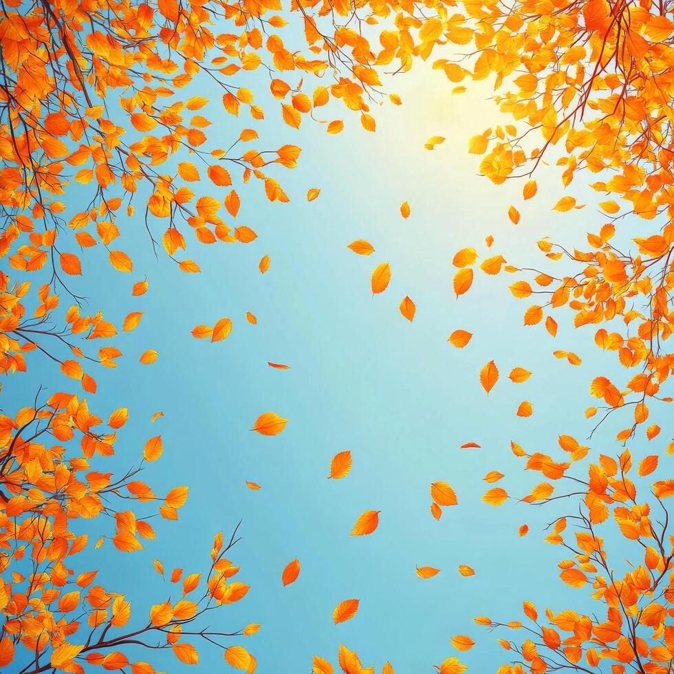 Bright autumn leaves cascading against a clear blue sky photo