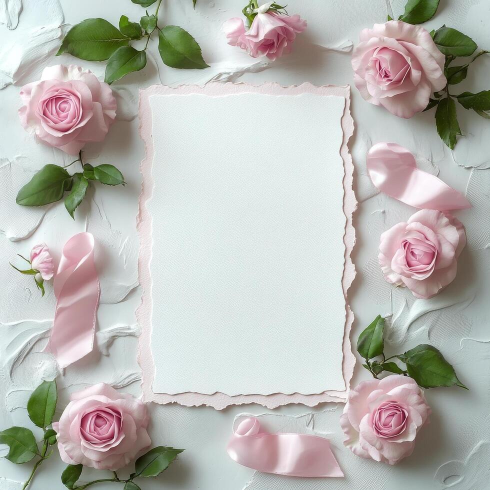 Delicate pink roses and bows surrounding a blank square, perfect for invitations or messages photo