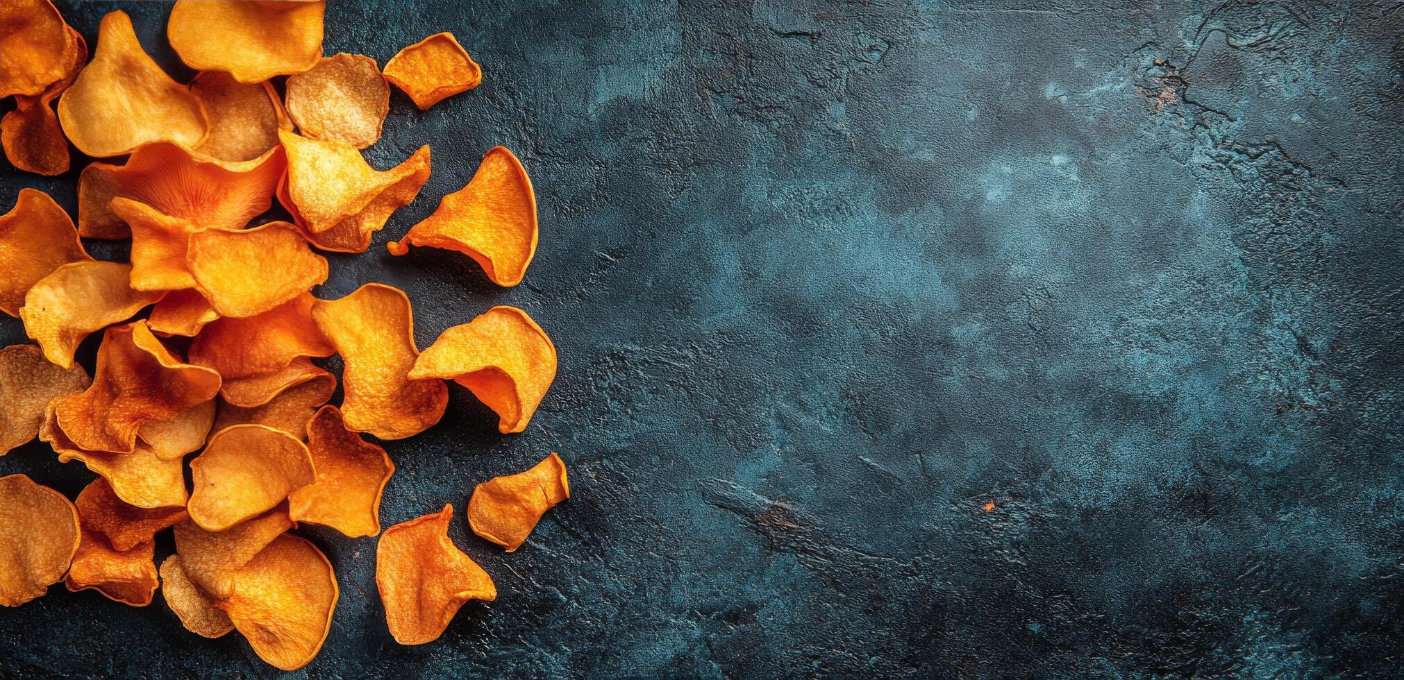 Colorful sweet potato chips scattered on a blue textured surface in natural light photo