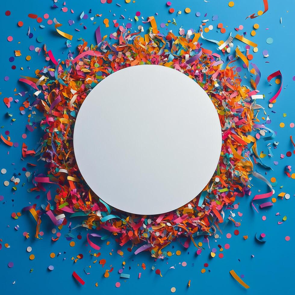 Colorful confetti and ribbons surround a blank white circular surface on a blue backdrop photo