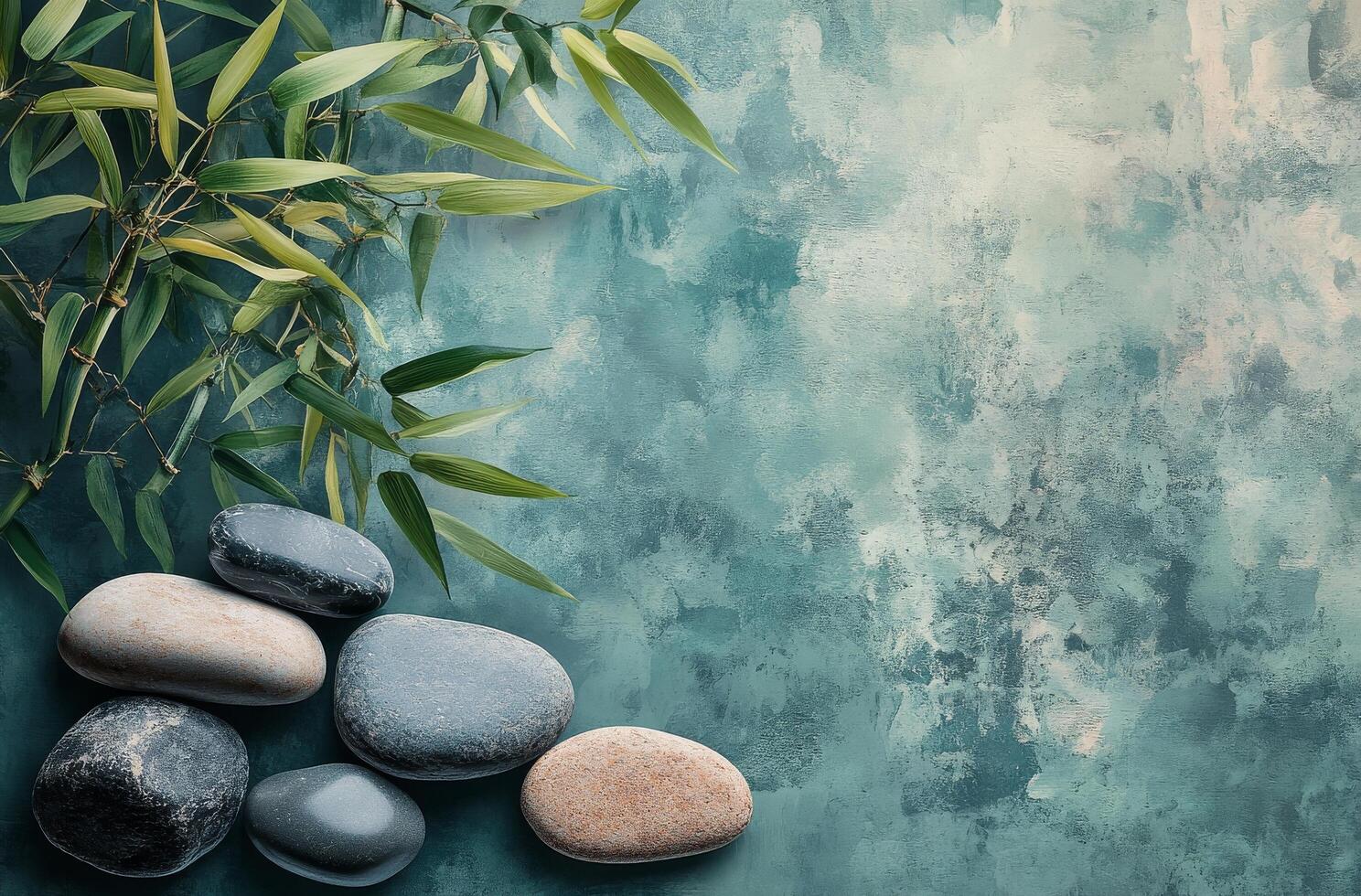 Calm and serene arrangement of smooth stones and bamboo leaves on a textured teal surface photo