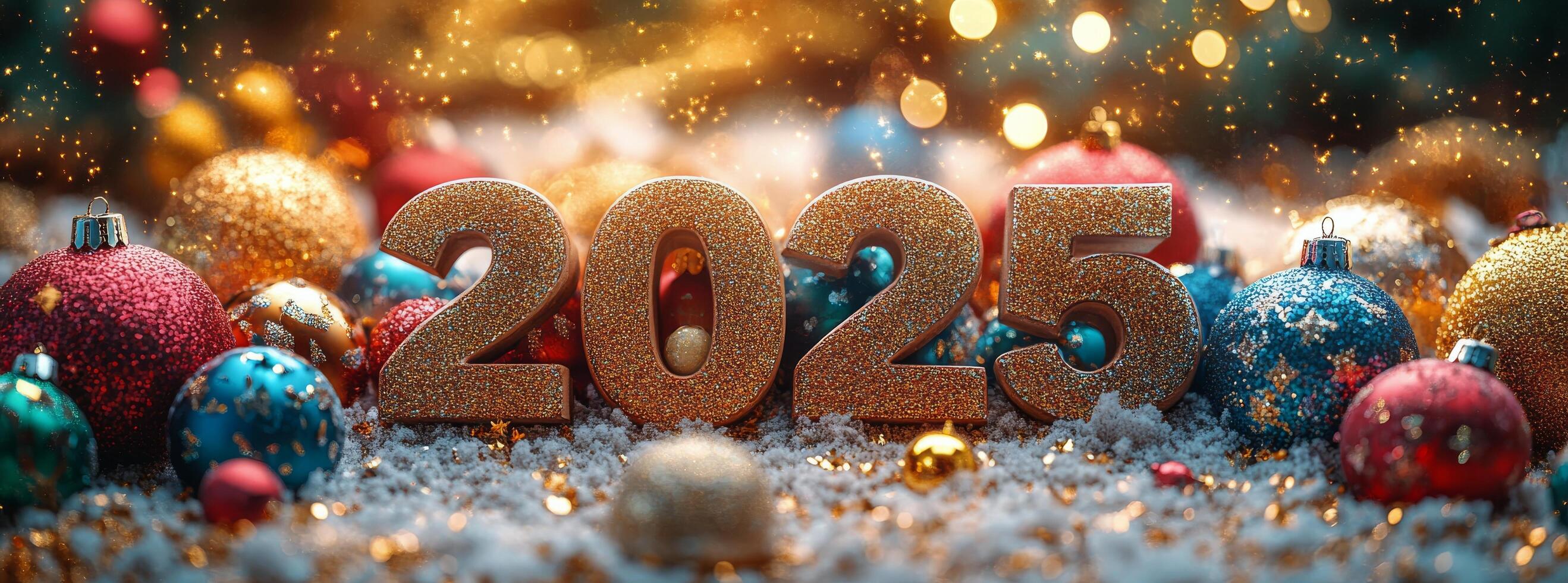 Festive New Year decorations featuring colorful 2025 numbers and shimmering ornaments photo