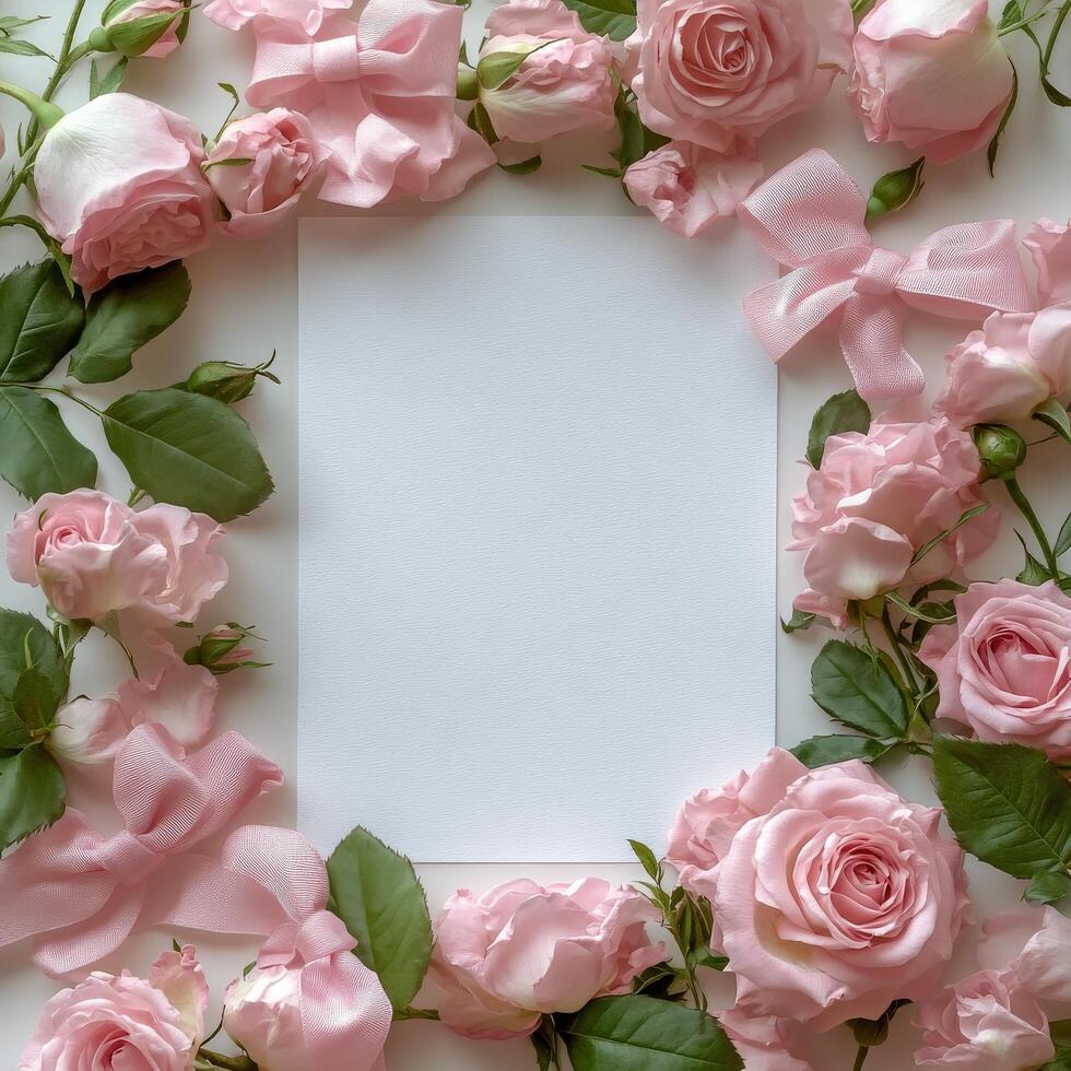 Delicate pink roses and bows surrounding a blank square, perfect for invitations or messages photo