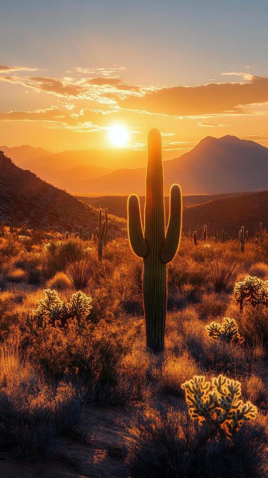 Sunset over the desert showcasing a towering cactus and vibrant sky in late afternoon light photo