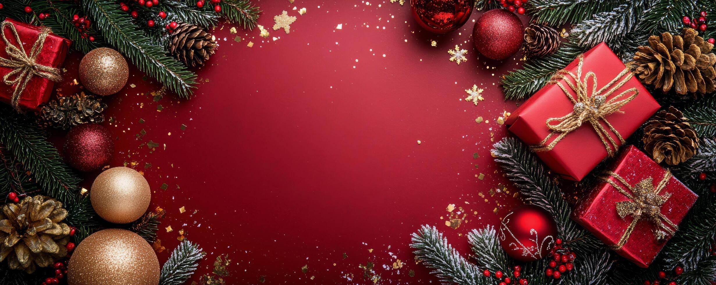 Elegant red Christmas decoration featuring ornaments, pine cones, and a gift on a festive background photo