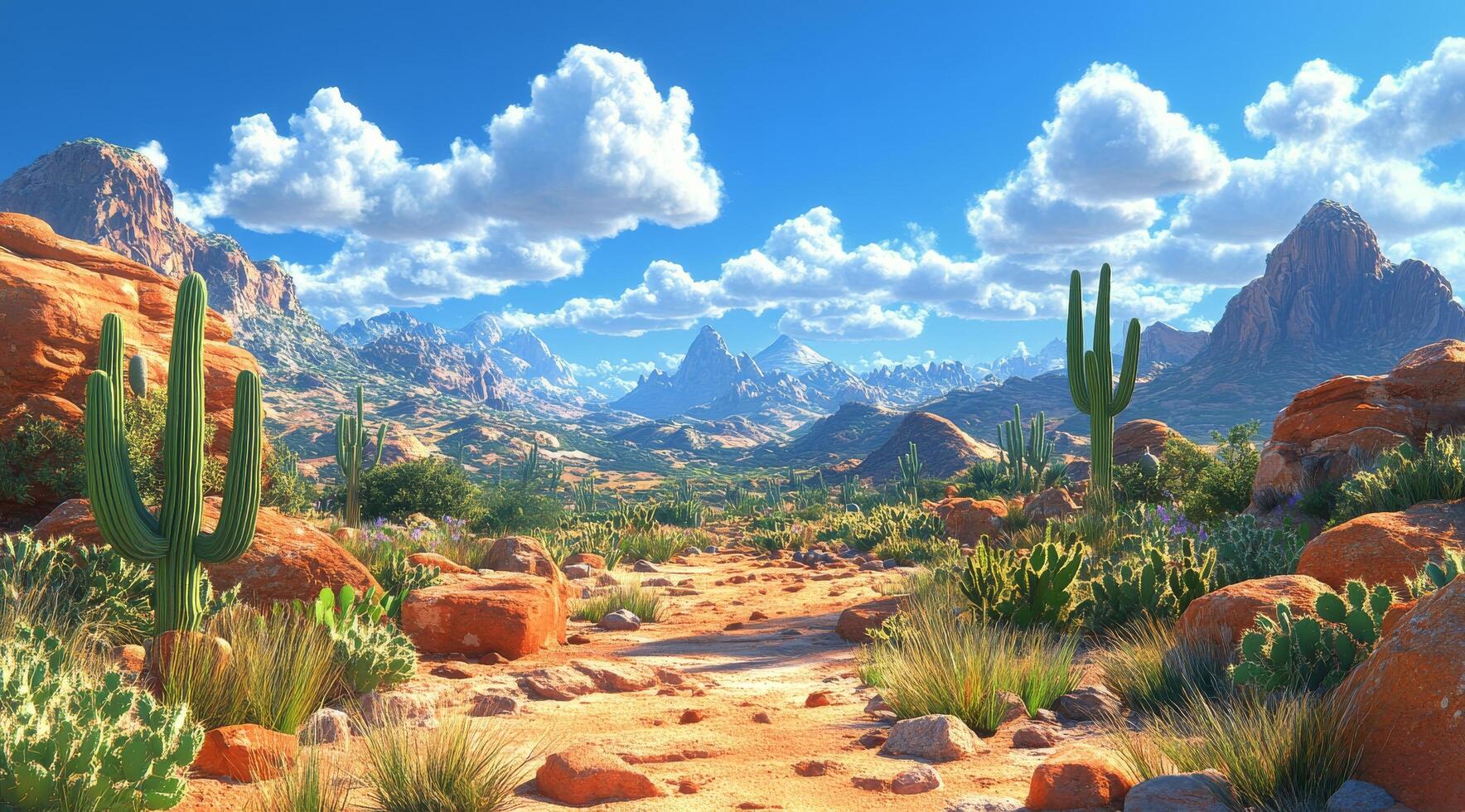 Vibrant desert landscape featuring cacti, mountains, and dramatic clouds under a bright sky photo