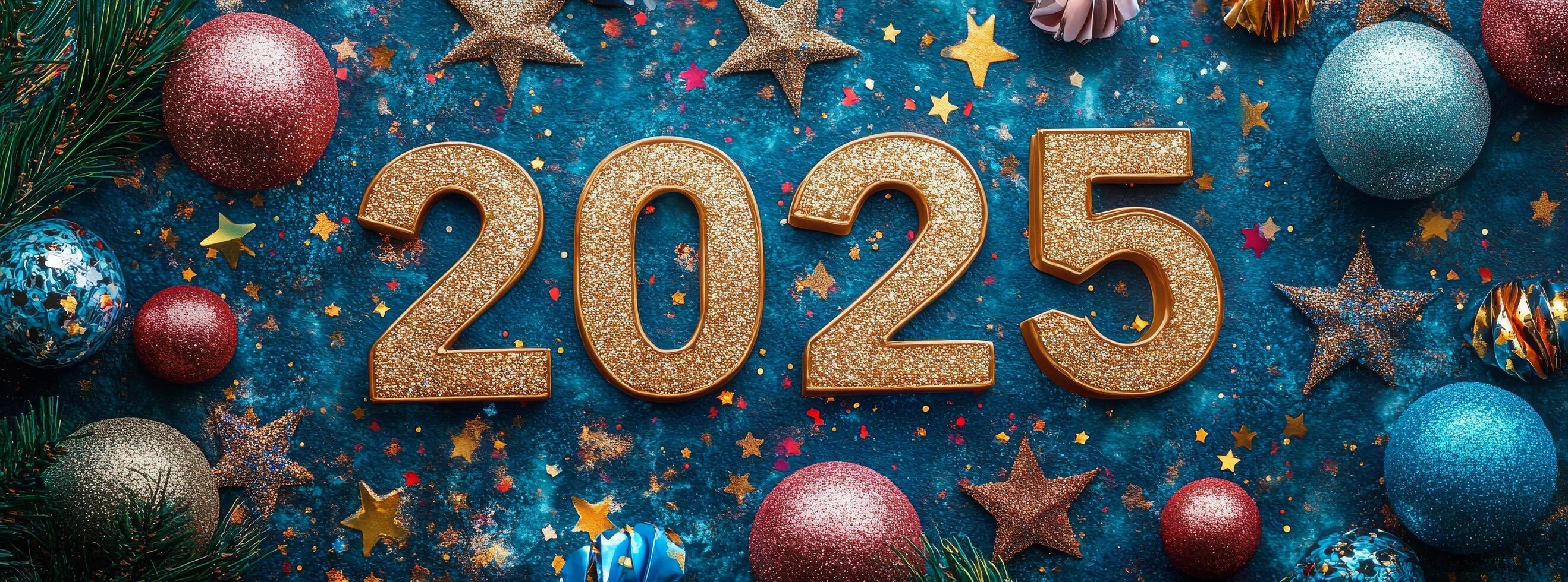 Sparkling New Years Eve decorations featuring the year 2025 with colorful ornaments photo