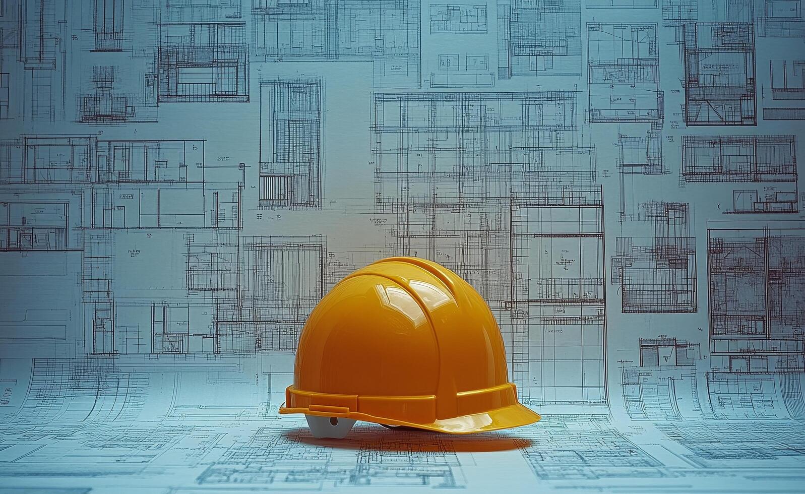 Construction helmet placed on blueprints in a professional work environment photo