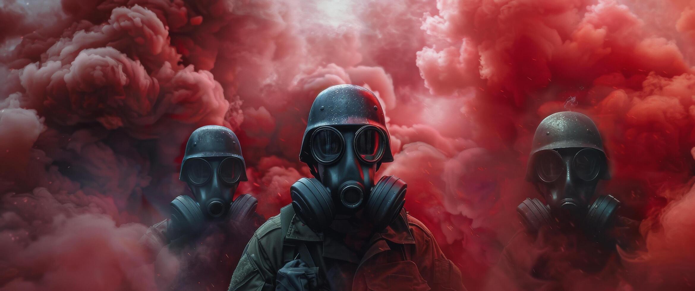 Soldiers Wearing Gas Masks Amid Red Smoke photo