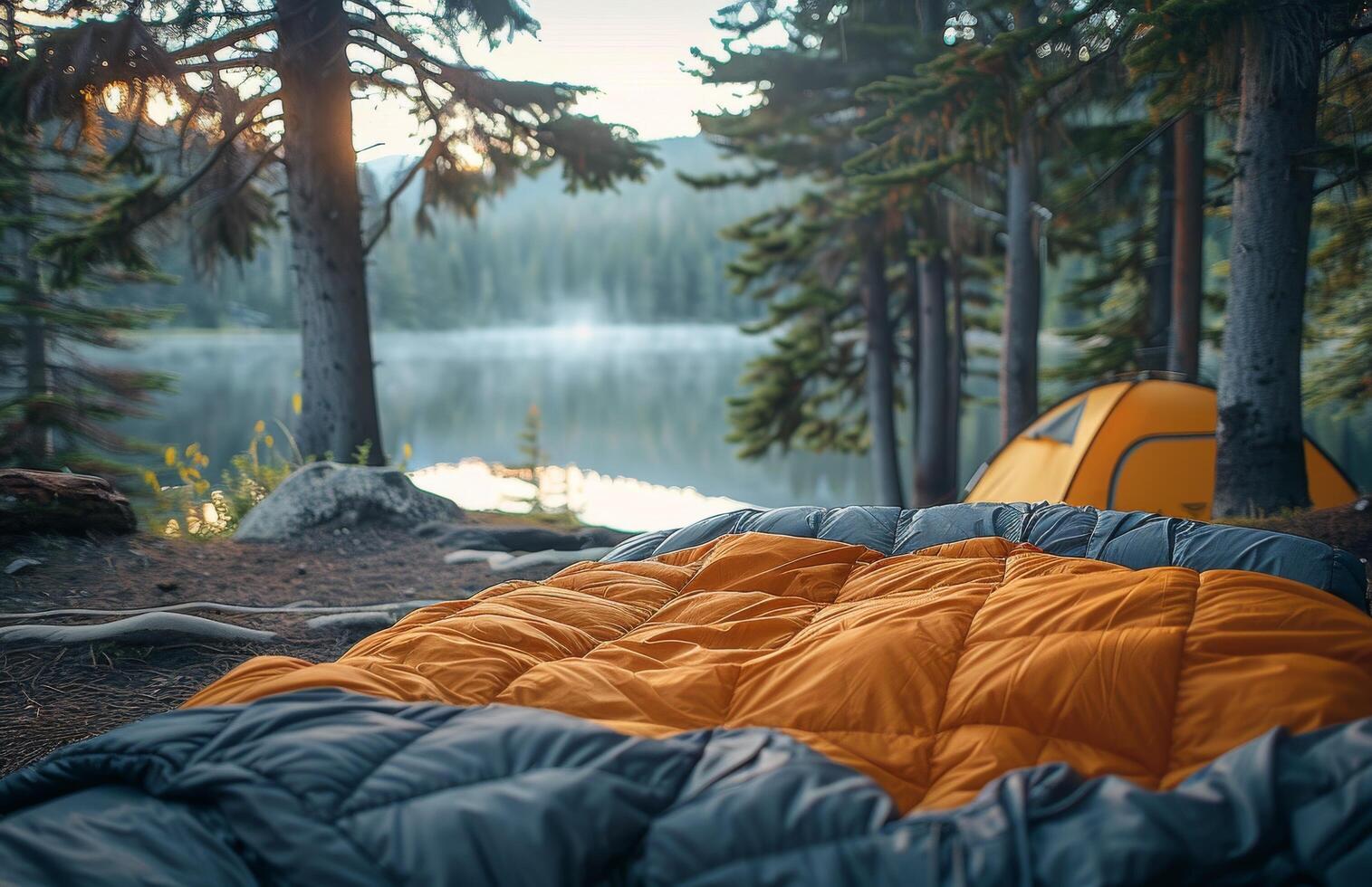 Sleeping Bag and Tent Setup in Campsite photo