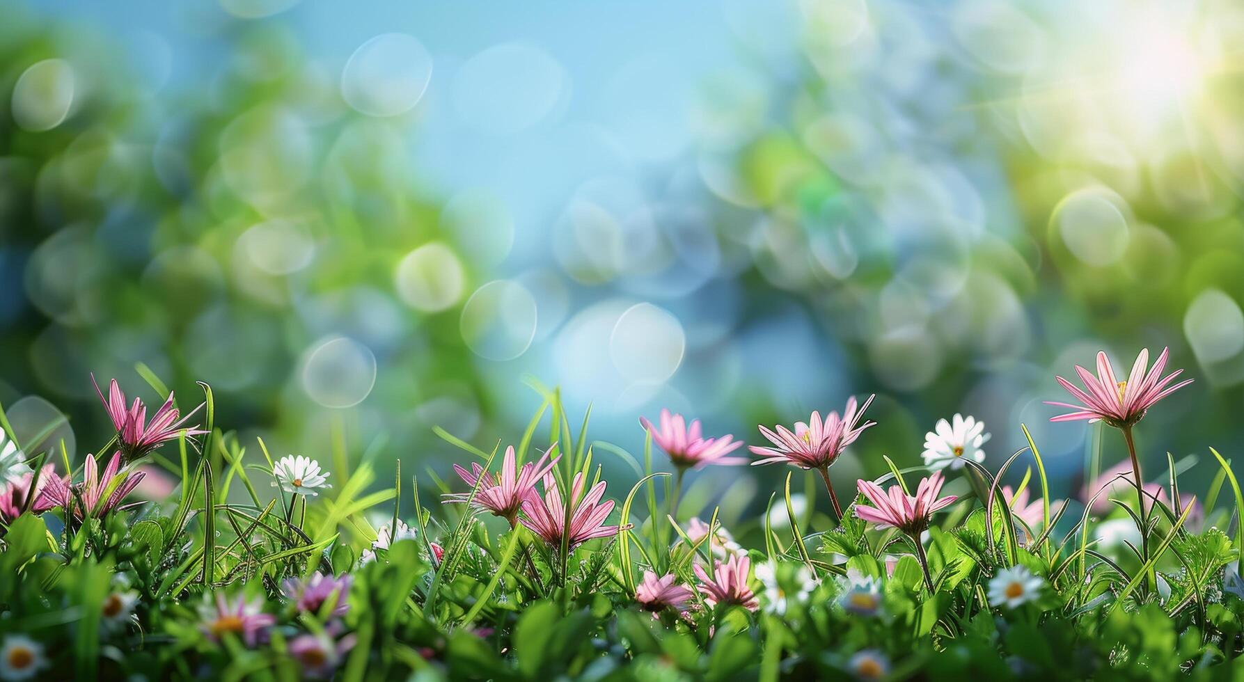 Pink and White Flowers Growing in the Grass photo