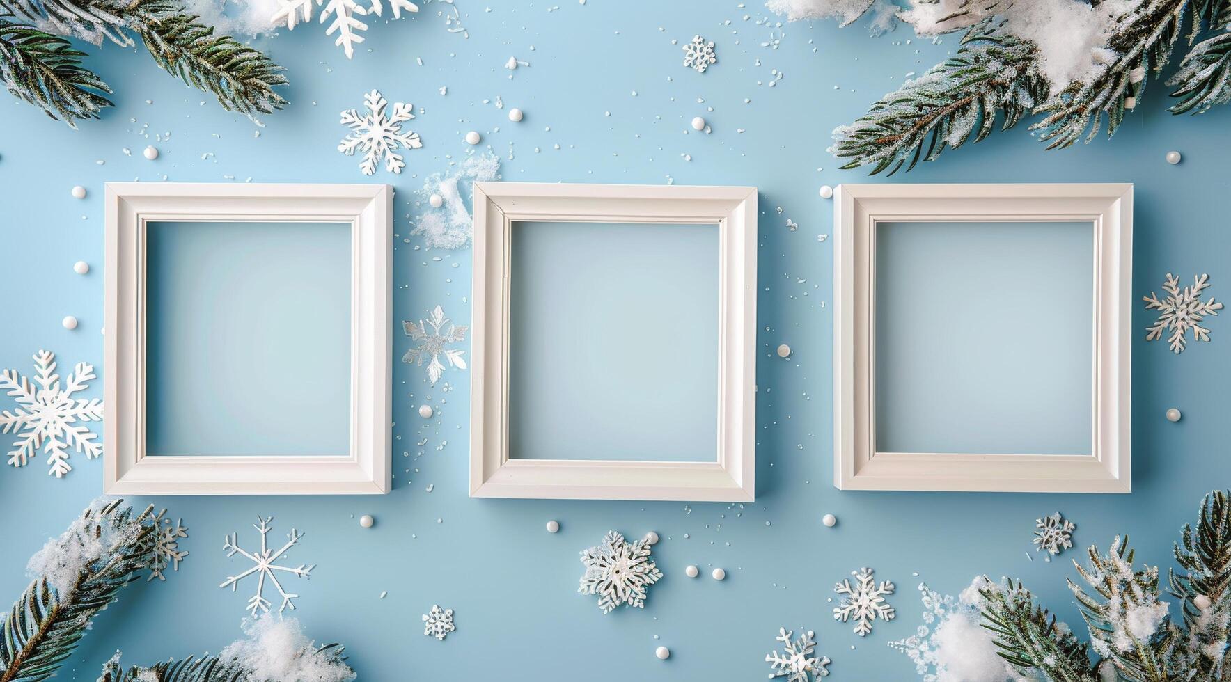 Three White Frames With Snowy Pine Branches On Blue Background photo