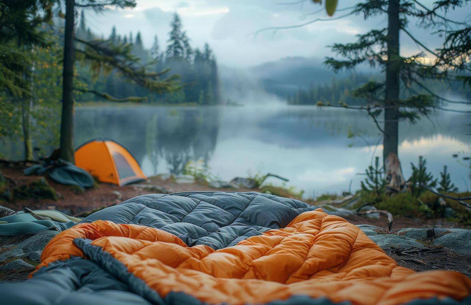 Sleeping Bag and Tent Setup in Campsite photo