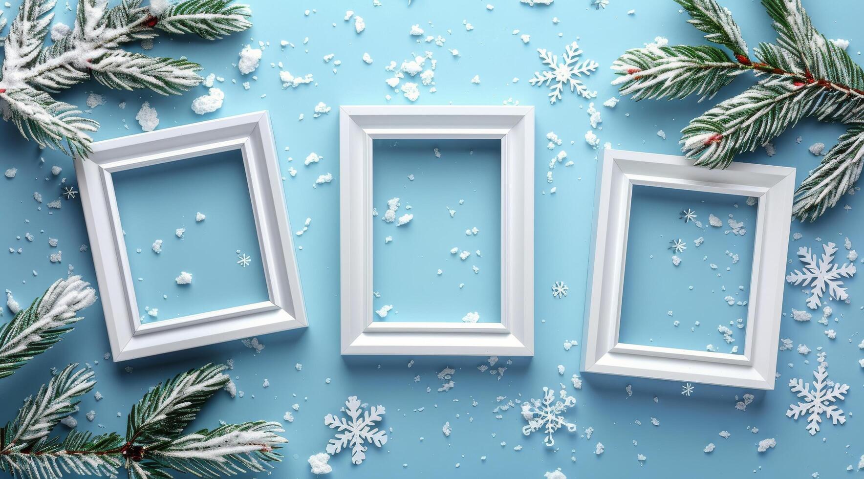 Three White Frames With Snowy Pine Branches On Blue Background photo
