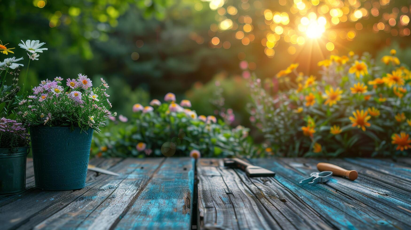 Wooden Table Covered With Abundant Flowers photo