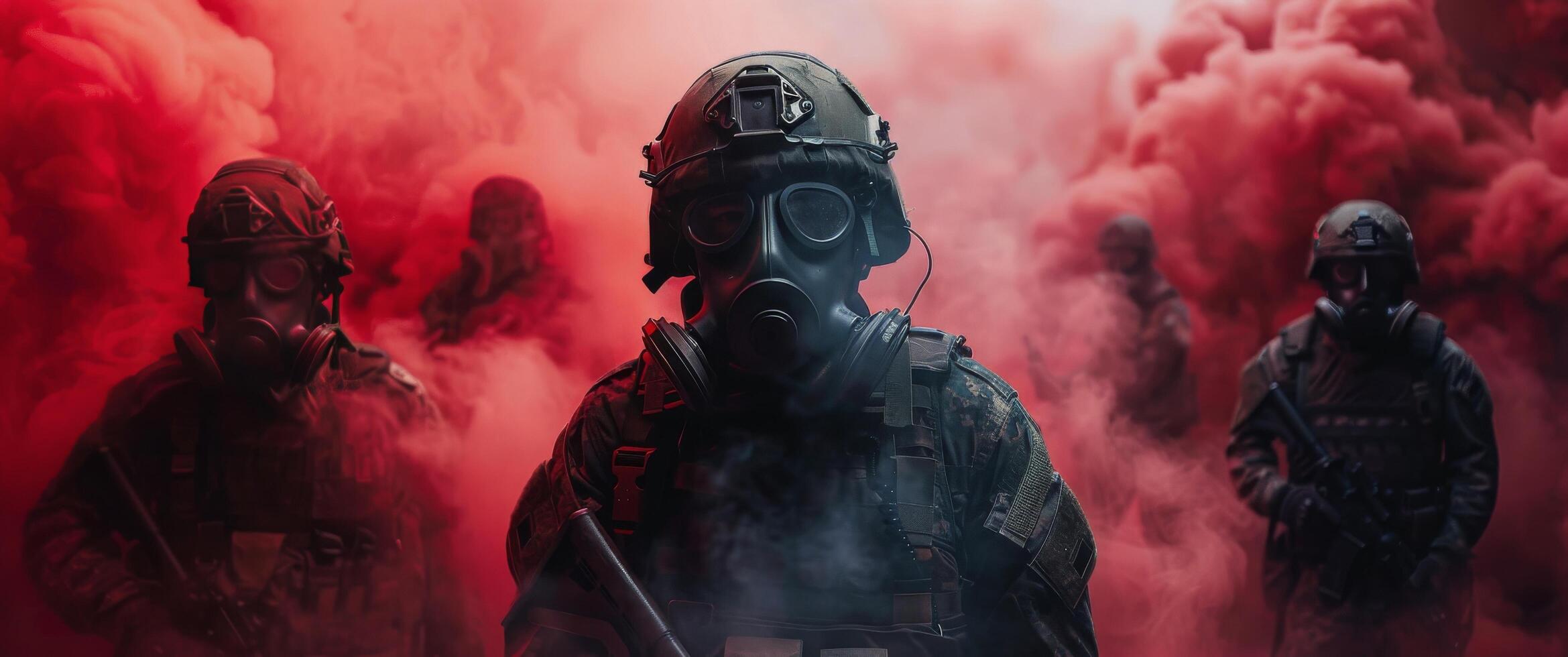 Soldiers Wearing Gas Masks Amid Red Smoke photo