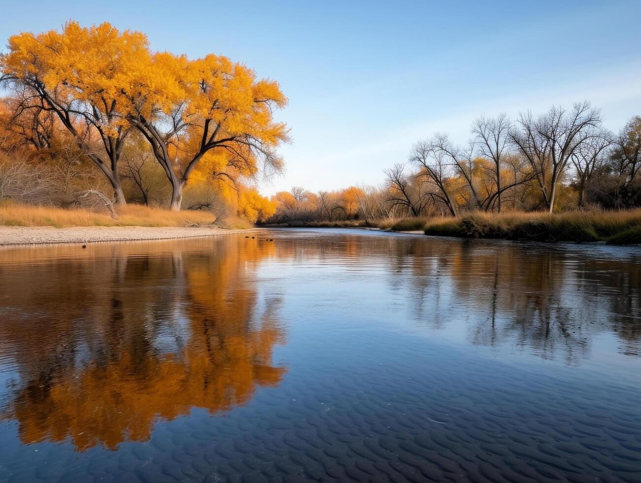 Autumn Reflections on a Calm River at Sunset Near a Forested Bank photo