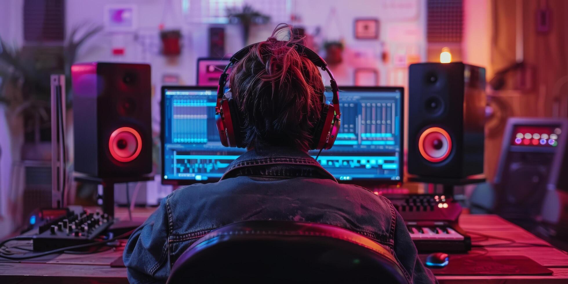 A gamer enjoying an immersive experience in a cozy, dimly lit room with colorful ambient lights photo