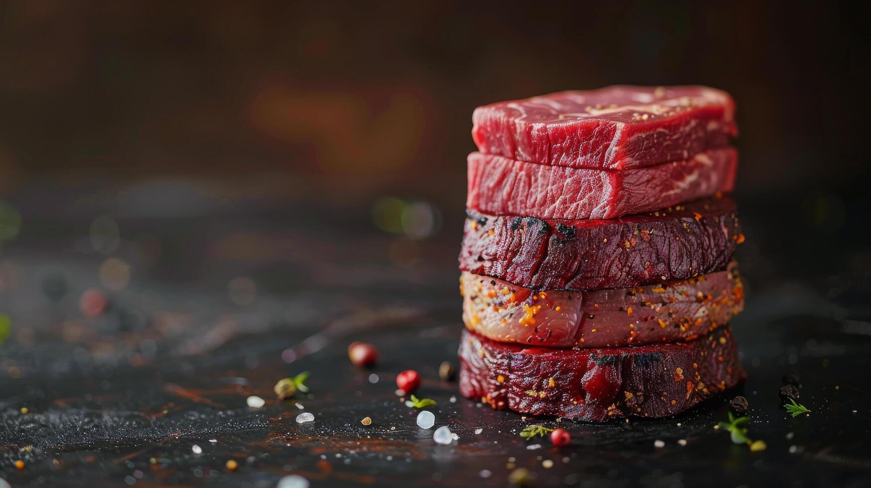 Juicy cuts of meat stacked with slices of citrus on a dark background ready for grilling photo