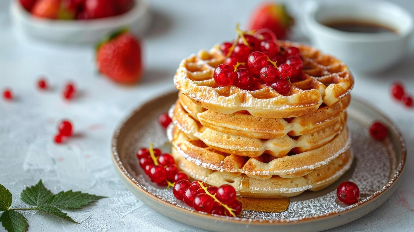 Delicious stack of fluffy waffles topped with fresh strawberries and red currants for breakfast photo