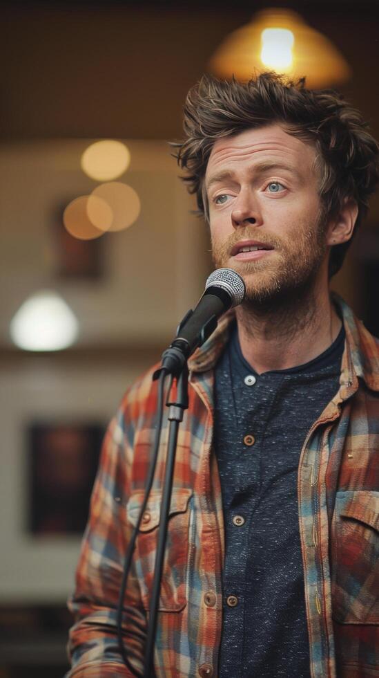A young man performs stand up comedy at a lively bar during a bustling night in the city photo