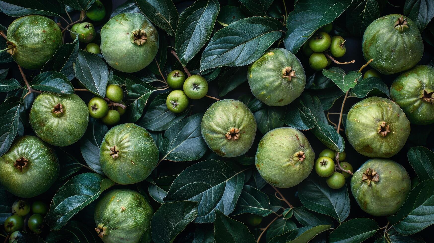Fresh green leaves with droplets after rain display vibrant nature in a serene environment photo
