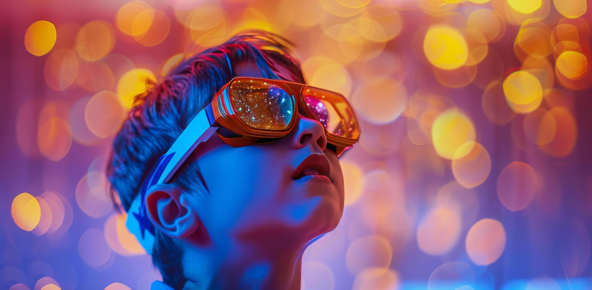 A boy enjoys a vibrant light display while wearing colorful sunglasses indoors at a party photo
