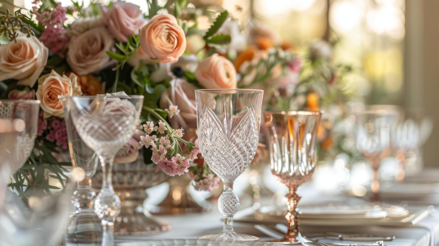 Elegant dinner table setting with flowers and candles at a cozy restaurant during evening hours photo