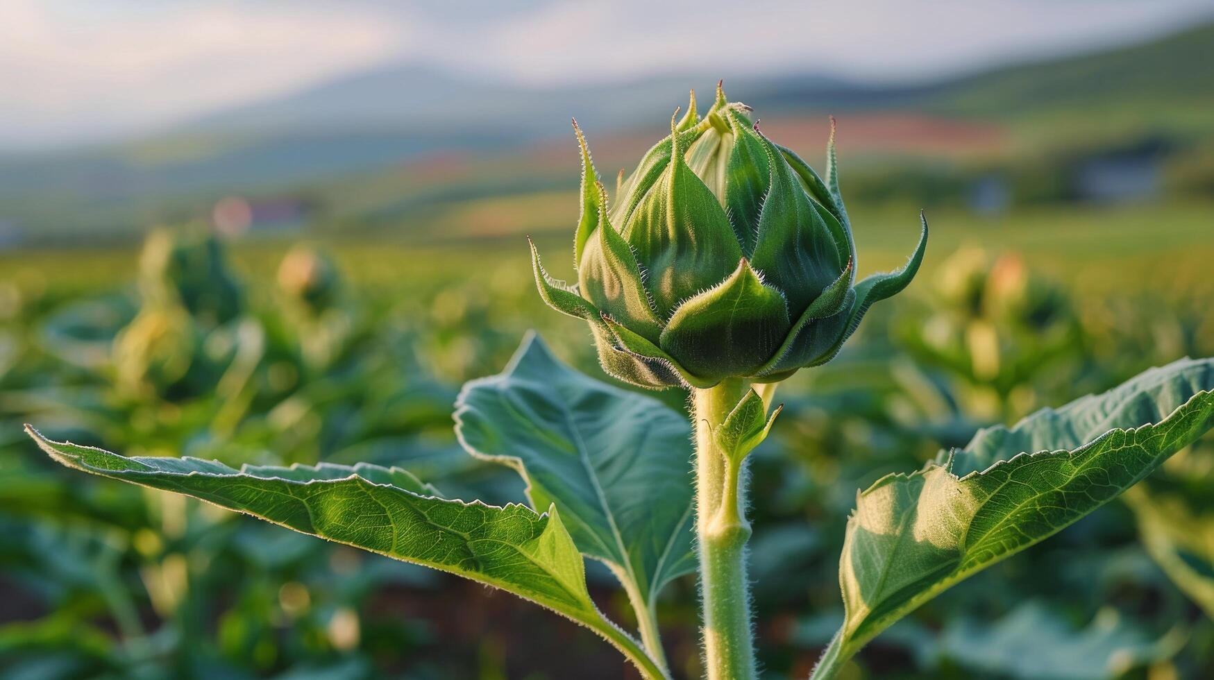 Sunflower budding in a vibrant field during sunset with dramatic clouds in the background photo