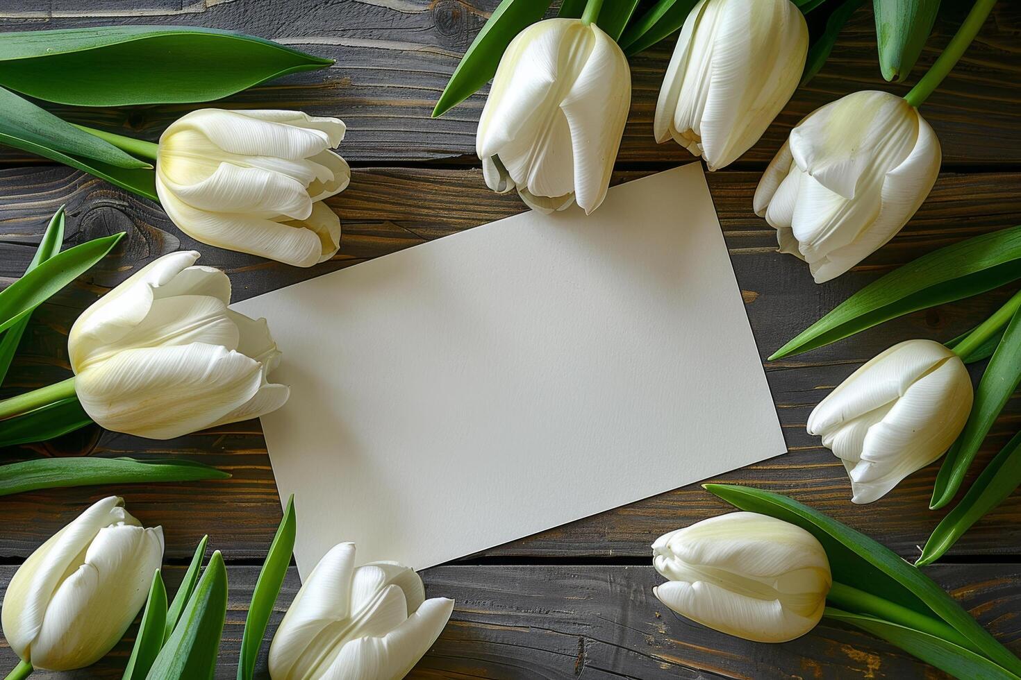 White tulips arranged around a blank card on a wooden table for personal messages and notes photo