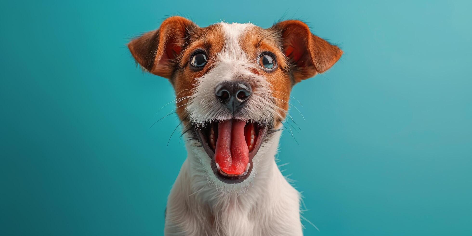 Cute puppy with a joyful expression against a colorful background in a studio setting photo