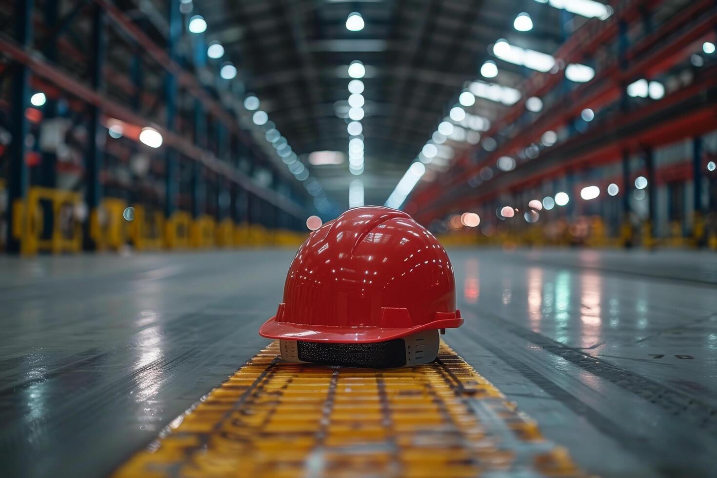 Red hard hat resting on the ground in an industrial warehouse during daylight hours photo