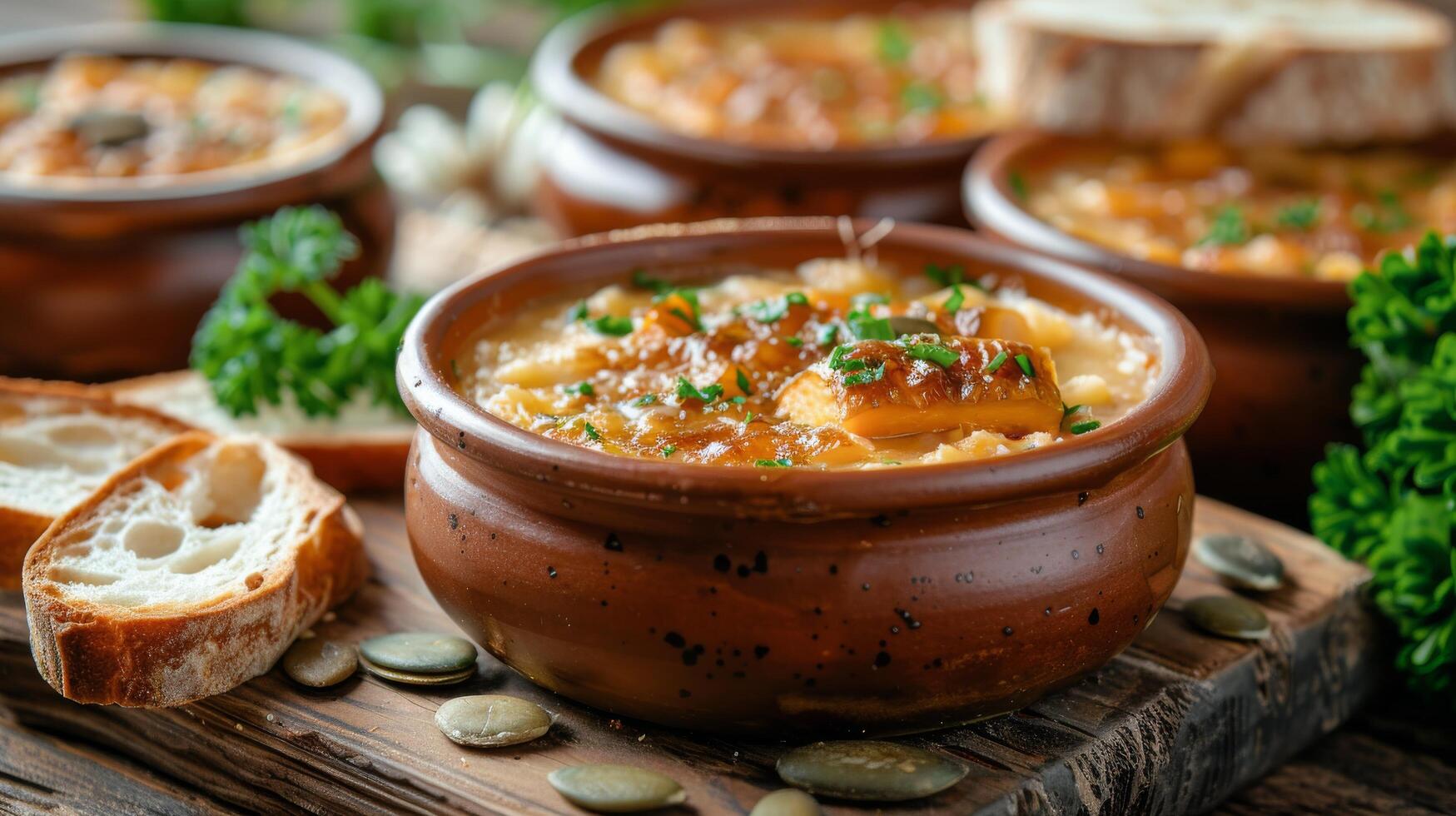 Creamy pumpkin soup served in a rustic bowl with toasted bread and fresh herbs on a wooden board photo