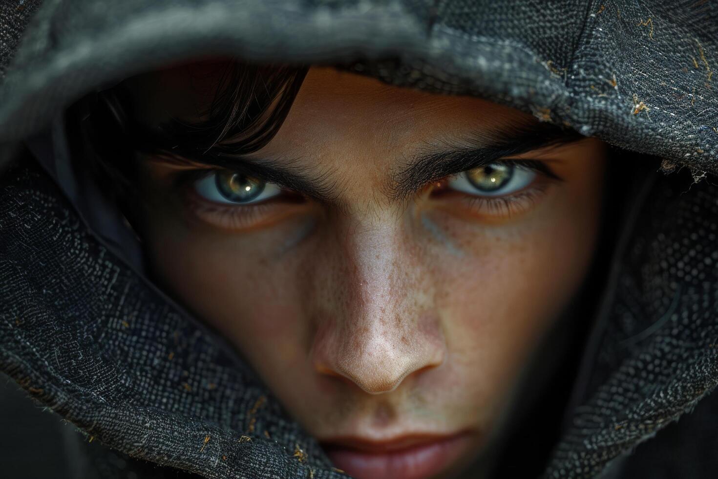 A young boy with piercing blue eyes gazes intensely, reflecting emotion and resilience photo