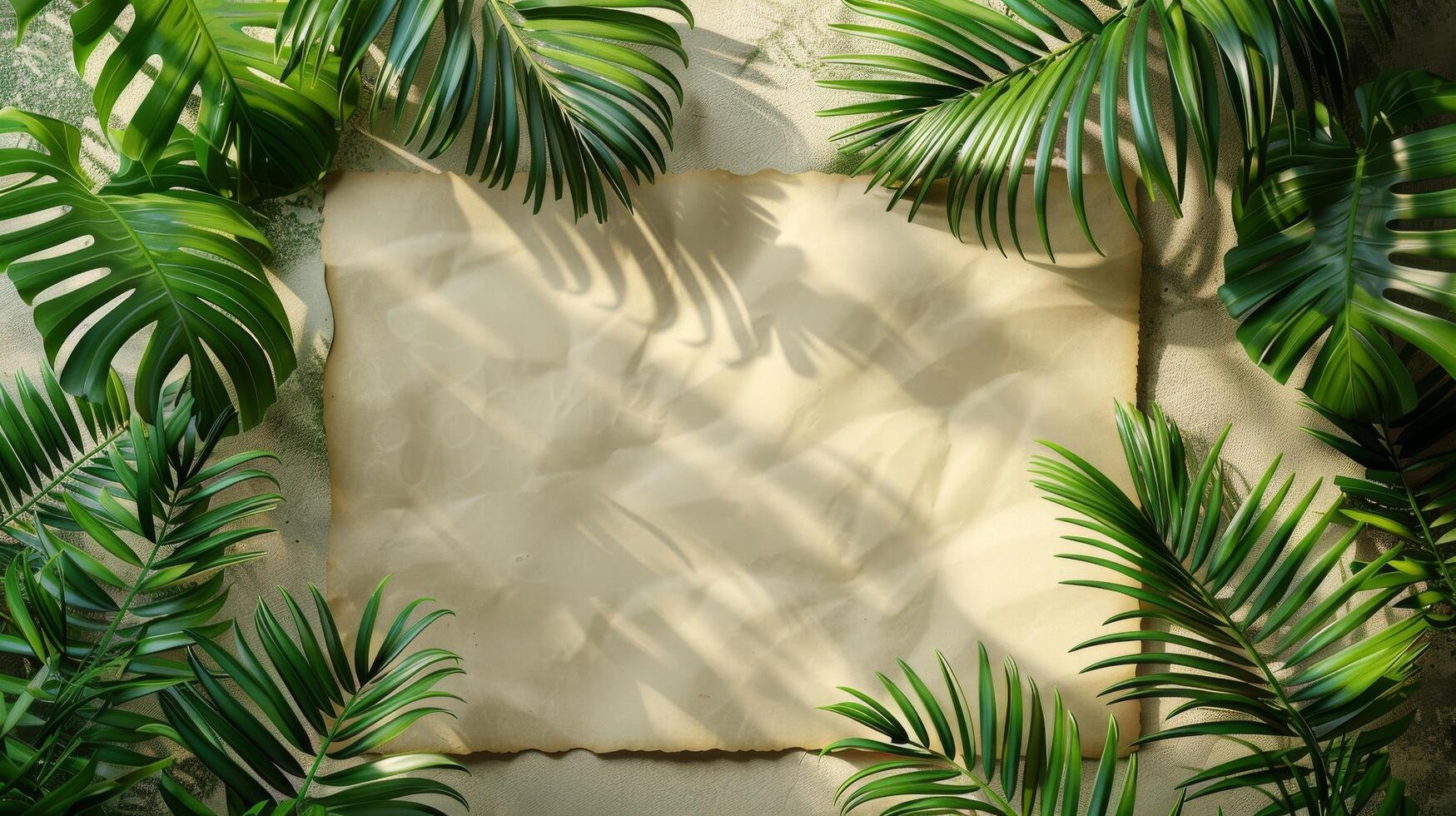 A textured paper sheet with shadows and a green leaf arranged on a soft fabric background photo