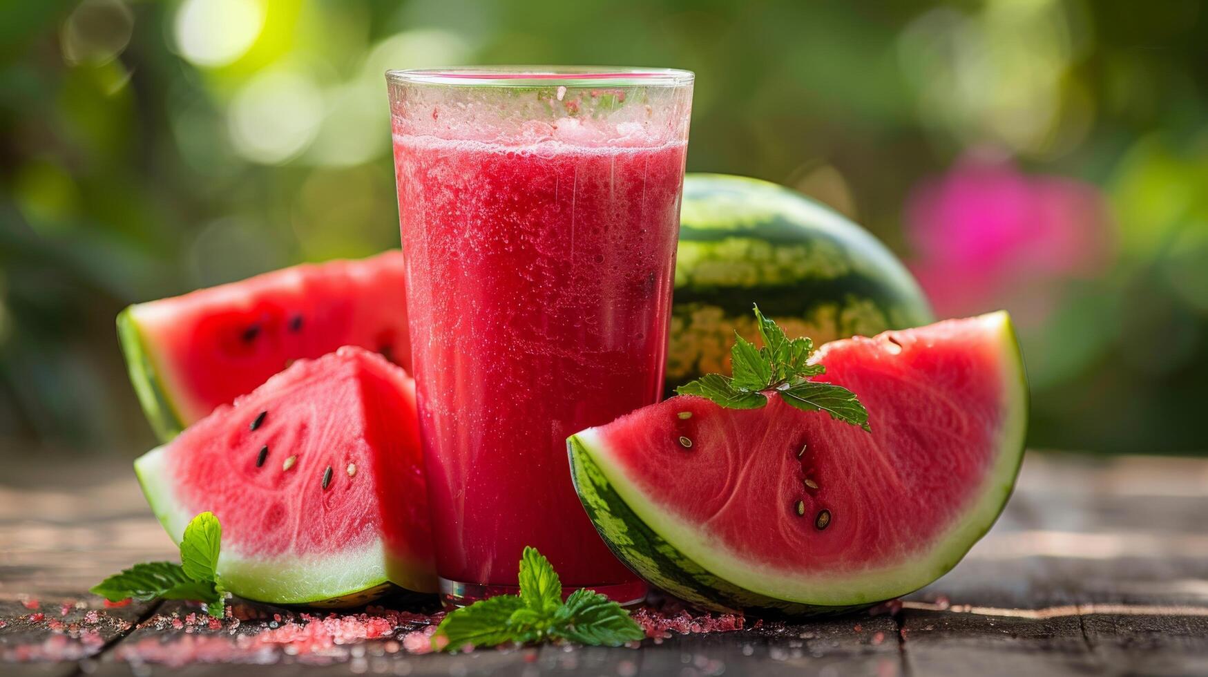 Refreshing watermelon juice served in a glass with fresh watermelon slices and mint leaves photo