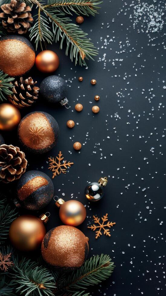 Festive arrangement of golden and black ornaments with pinecones for a holiday celebration photo