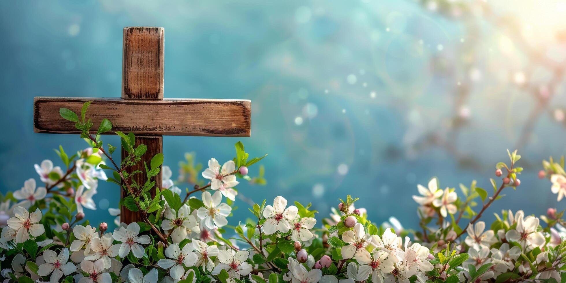 Wooden cross surrounded by delicate flowers on a blue background in a serene setting photo