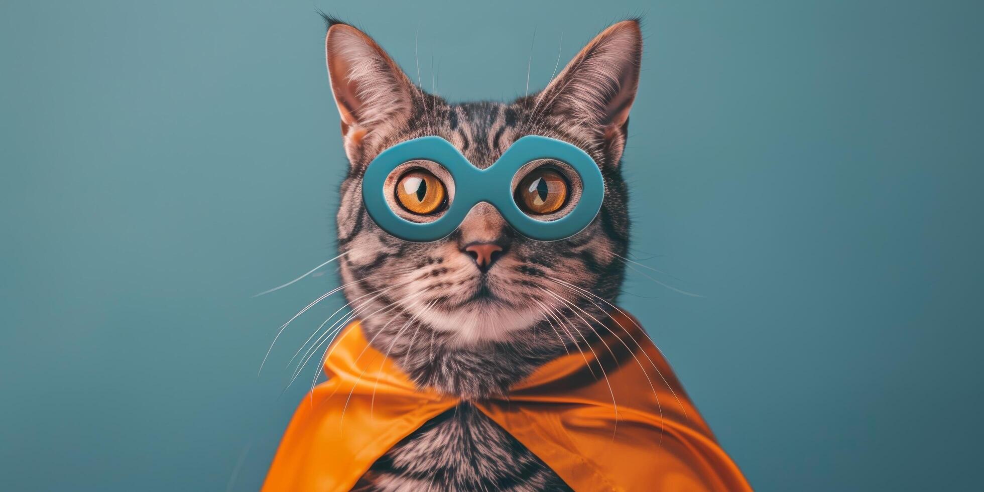 A playful cat in a superhero costume with glasses and a cape against a colorful background photo