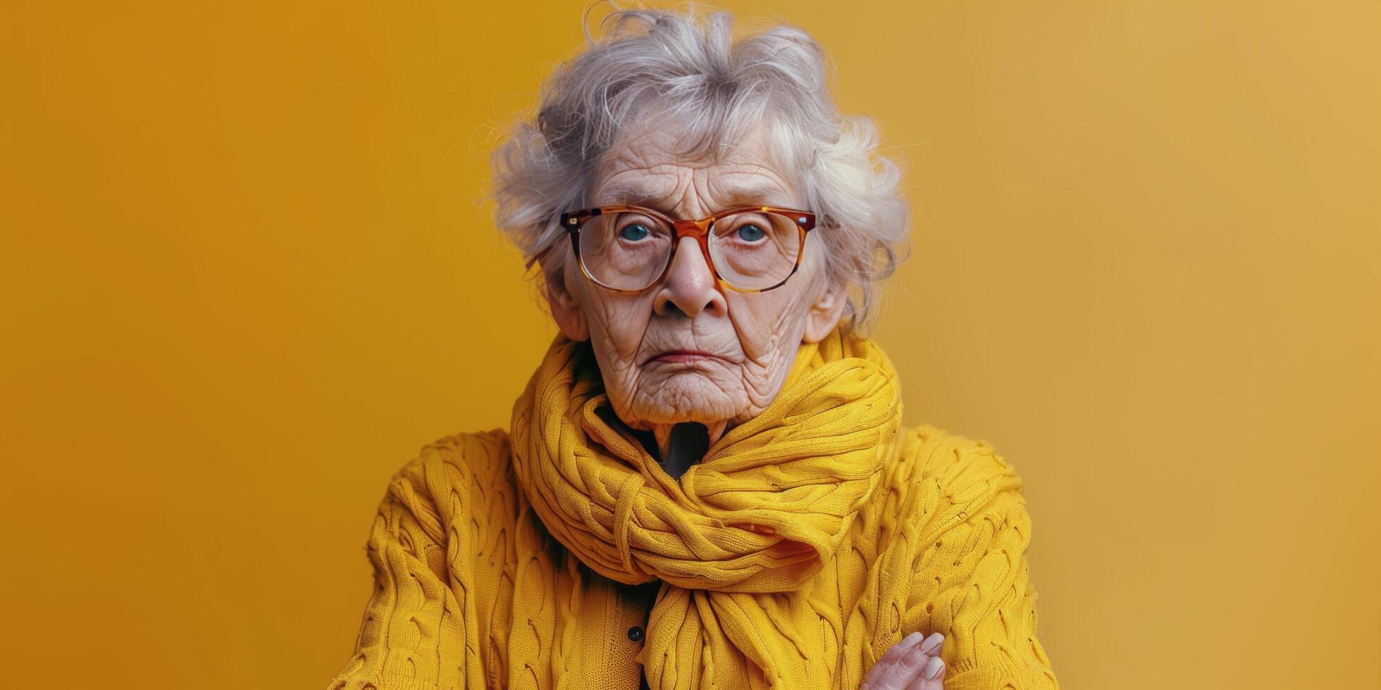 Elderly woman with curly hair and glasses stands confidently against a pink background photo