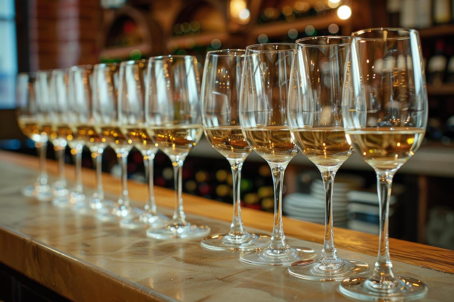 Elegant wine tasting setup with various glass types arranged on a marble counter photo